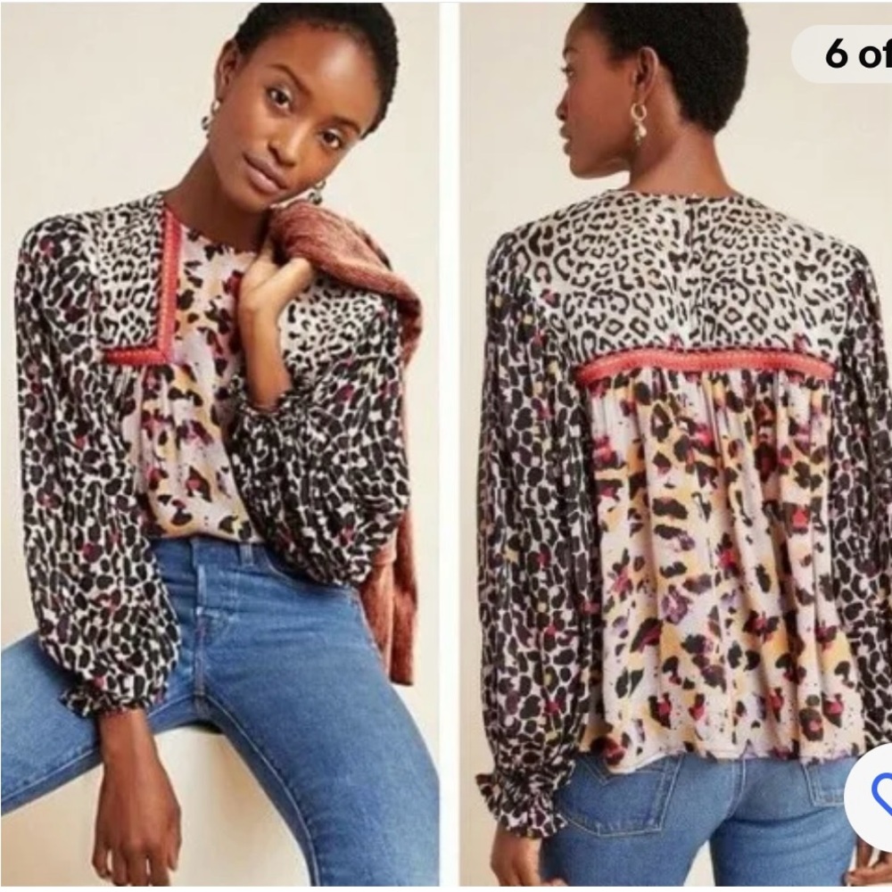 Anthropologie Multicolor Leopard-Print Mixed-Pattern Blouse
